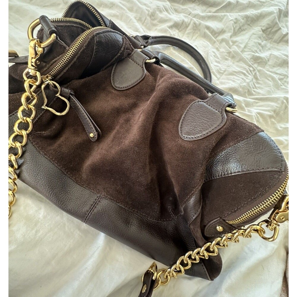 AUDREY BROOKE Brown Suede & Leather Crossbody Satchel Handbag W/ Chain Strap - Picture 5 of 16